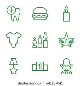 One icons set. set of 9 one outline icons such as baby onesie, ranking, dental care, candle, medal, 1st place star, office chair