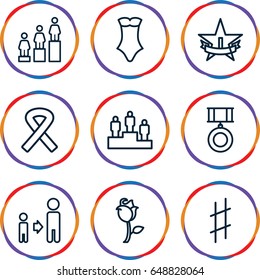One icons set. set of 9 one outline icons such as swimsuit, ranking, son and father, rose, musical sharp, ribbon, medal