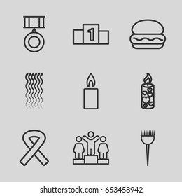 One icons set. set of 9 one outline icons such as barber brush, curly hair, ranking, candle, ribbon, medal