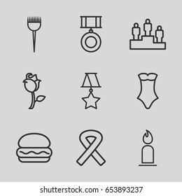 One icons set. set of 9 one outline icons such as barber brush, candle, swimsuit, rose, ribbon, medal, ranking