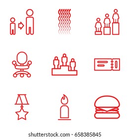 One icons set. set of 9 one outline icons such as ticket, curly hair, candle, ranking, son and father, medal, burger