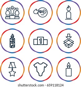 One icons set. set of 9 one outline icons such as baby onesie, candle, ranking, box, medal