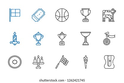 one icons set. Collection of one with sharpener, torch, racing, candle, kiwi, unicycle, trophy, giraffe, basketball, ticket. Editable and scalable one icons.