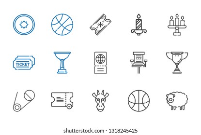 one icons set. Collection of one with sheep, basketball, giraffe, ticket, safety pin, trophy, office chair, tickets, candle, kiwi. Editable and scalable one icons.