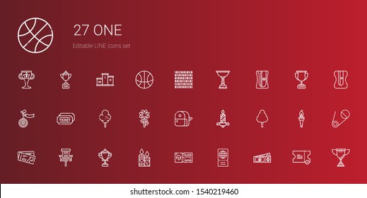 one icons set. Collection of one with ticket, candles, trophy, office chair, cotton candy, candle, sharpener, sunflower, tickets, unicycle, binary code. Editable and scalable one icons.