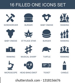 one icons. Trendy 16 one icons. Contain icons such as screwdriver, burger, baby onesie, ranking, st place star, musical sharp, turtle, microscope. one icon for web and mobile.