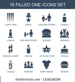 one icons. Trendy 16 one icons. Contain icons such as curly hair, medal, son and father, candle, burger, ranking, musical sharp, st place star, baby onesie. one icon for web and mobile.