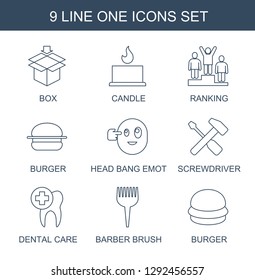 one icons. Trendy 9 one icons. Contain icons such as box, candle, ranking, burger, head bang emot, screwdriver, dental care, barber brush. one icon for web and mobile.