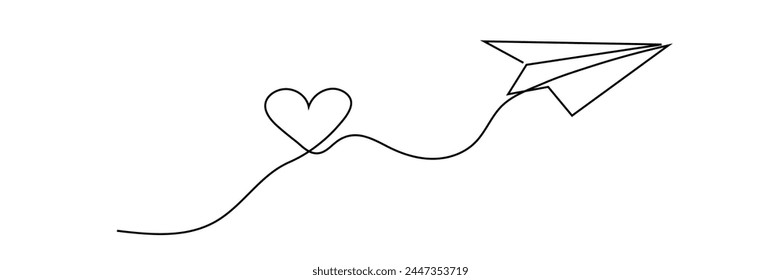 One image of a love sign in a continuous shape with flying paper airplanes. Thin contour and romantic symbols for greeting cards and web banners in simple linear style. vector