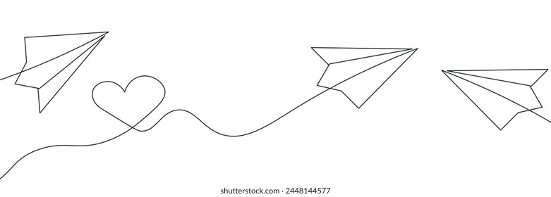 One image of a love sign in a continuous shape with flying paper airplanes. Thin contour and romantic symbols for greeting cards and web banners in simple linear style. vector eps10