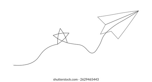 One image of a love sign in a continuous shape with flying paper airplanes. Thin contour and romantic symbols for greeting cards and web banners in simple linear style. vector