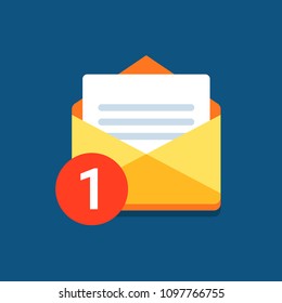 One incoming message, open message icon, notification. Vector, isolated