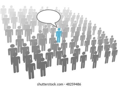 One individual person talk in crowd social network group or company.