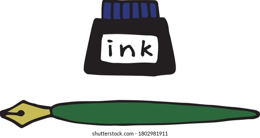 one ink bottle and one pen
