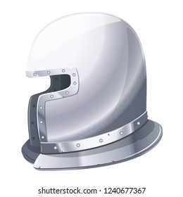 One iron spherical helmet of medieval knight with cutout, detailed illustration isolated on white, steel helmet in side view