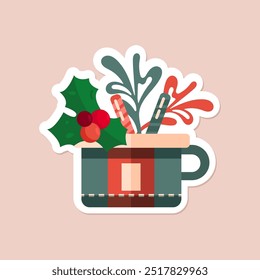 one isolated flat green and orange Christmas cup on beige background. christmas vector simple flat art. illustration with red xmas mug for cards, stickers, posters, prints. xmas big mug decor element