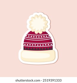 one isolated flat red warm winter hat on beige background. christmas vector simple flat art. illustration with rred warm winter hat for cards, stickers, posters, prints. xmas stocking winte element