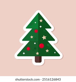 one isolated flat simple xmas tree with decorations on beige background. christmas vector simple flat art.illustration with christmas tree for cards, stickers, posters, prints.xmas tree decor element