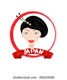 One isolated, label, icon with head of beautiful, young, smiling woman with black hair with flowers, ribbon with text Japan, white background