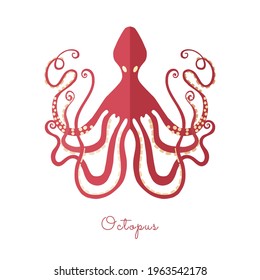 One Isolated Octopus made in flat style. Symmetrical shape of the Octopus with geometric shadow. Octopus with eight intricate tentacles. Marine animal and gourmet sea food.