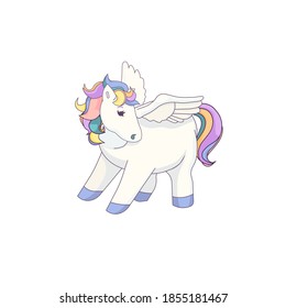 One isolated Pegasus in Cartoon style, cute Pegasus on white isolated background, vector flying horse for prints, patterns, stickers in Children’s goods fields, also icons for social networks.