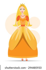 One isolated, young, beautiful, smiling, woman, princess with long, blond hair, in orange dress, golden crown, white background