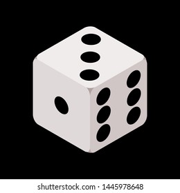 One isometric craps game dice, matte photo realistic material, 3d render, vector cube illustration isolated on black background EPS