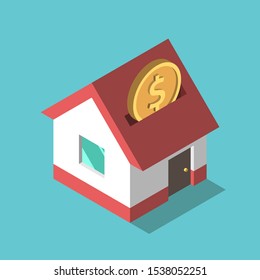 One Isometric Gold Dollar Coin Falling Into House Piggy Bank On Turquoise Blue. Investment, Saving, Dream, Payment And Wealth Concept. Flat Design. Vector Illustration, No Transparency, No Gradients