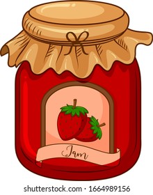 One jar of strawberry jam on white background illustration