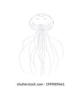 One jellyfish in the style of line art, isolated on a white background. Marine inhabitants of the underwater world