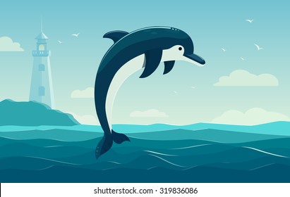 One  jumping dolphin, blue sea background with waves and lighthouse. Vector Illustration