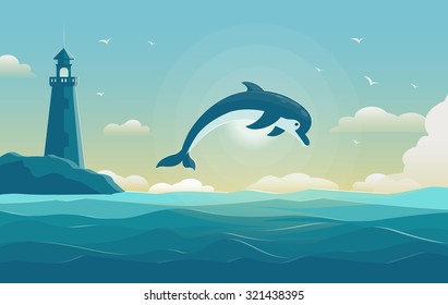 One jumping dolphin, blue sea background with waves and lighthouse. Vector Illustration