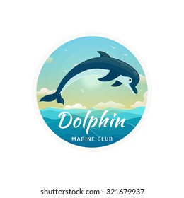 One jumping dolphin, blue sea background with waves . Vector Illustration, banner, icon.