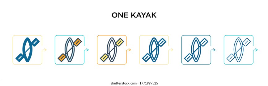 One kayak vector icon in 6 different modern styles. Black, two colored one kayak icons designed in filled, outline, line and stroke style. Vector illustration can be used for web, mobile, ui