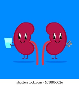 One Kidney Doing Sports And Another Drinking Water. Health Care Concept. Vector, Illustration.
