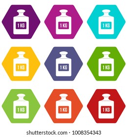 One kilogram weight icon set many color hexahedron isolated on white vector illustration