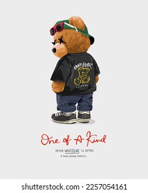 one of a kind calligraphy slogan with cool bear doll in street fashion style vector illustration