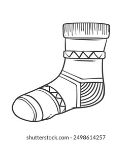 One knitted sock line icon. Hand drawn retro warm leg warmer made of fluffy woollen thread. Knitting, handmade fashion, handicraft mascot, outline cute casual cozy sock icon vector illustration