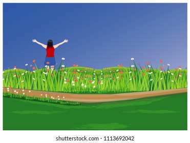 one lady in the flower garden vector design
