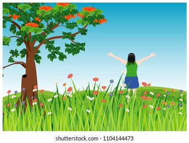 one lady stand extend the arms on field vector design