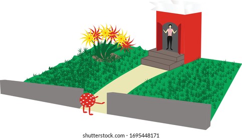 One lady stand inside the home and outside is corona-virus and asking to come out to catch her.