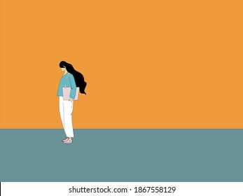 One lady is walking alone on the green street and orange wall, lonely lady on the street. Vector flat illustration.