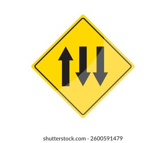 One lanes up, two lane down sign vector. Proceed with caution. Up, down, arrow, road, traffic, right, lane. Can use for infographic, banner, poster, web design. Isolated on white background. 