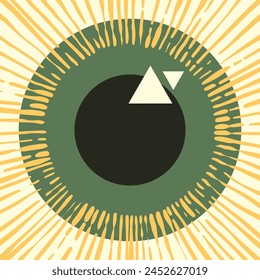 One large eye pupil with green cornea and with light reflection double triangular shape, abstract vector illustration