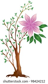 one large full-blown pink flower with green leaves on a small branching tree,  on a white background