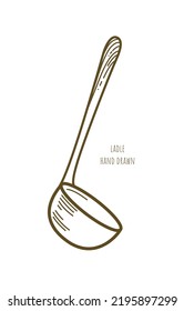 One Large Ladle On White Background. Vector Icon. Decorative Art Element For Menu Design, Advertising Banner Layout. Kitchenware. Soup Cooking. Household Items Store. Kitchenware Shop. Linear Emblema.