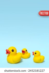 One large and two small yellow rubber ducks on a blue background surface in 3D cartoon style. Vector illustration