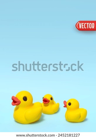 One large and two small yellow rubber ducks on a blue background surface in 3D cartoon style. Vector illustration