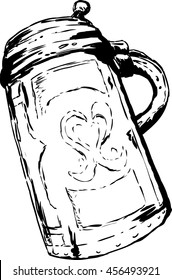 One large vintage German tankard with closed lid over white background