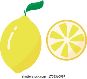 one large yellow lemon with green leaf and cut a round slice of citrus against white background